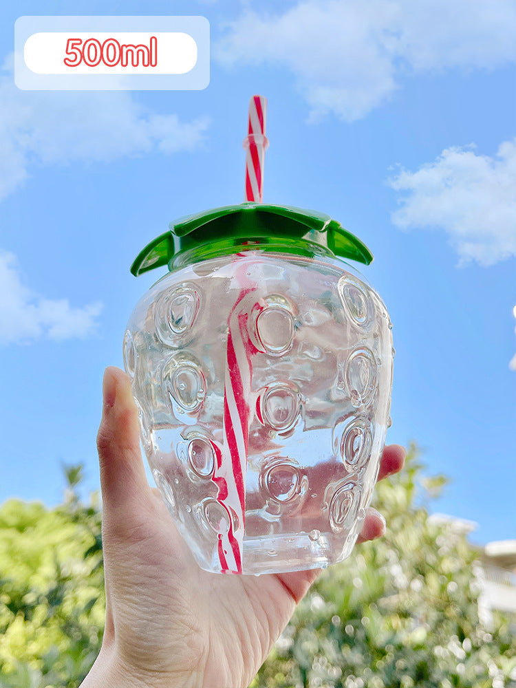 500ml Kawaii Strawberry Water Bottle Cute Strawberry Straw Water Bottle PP Milk Coffee Straw Cup Juice Drinkware Kitchen